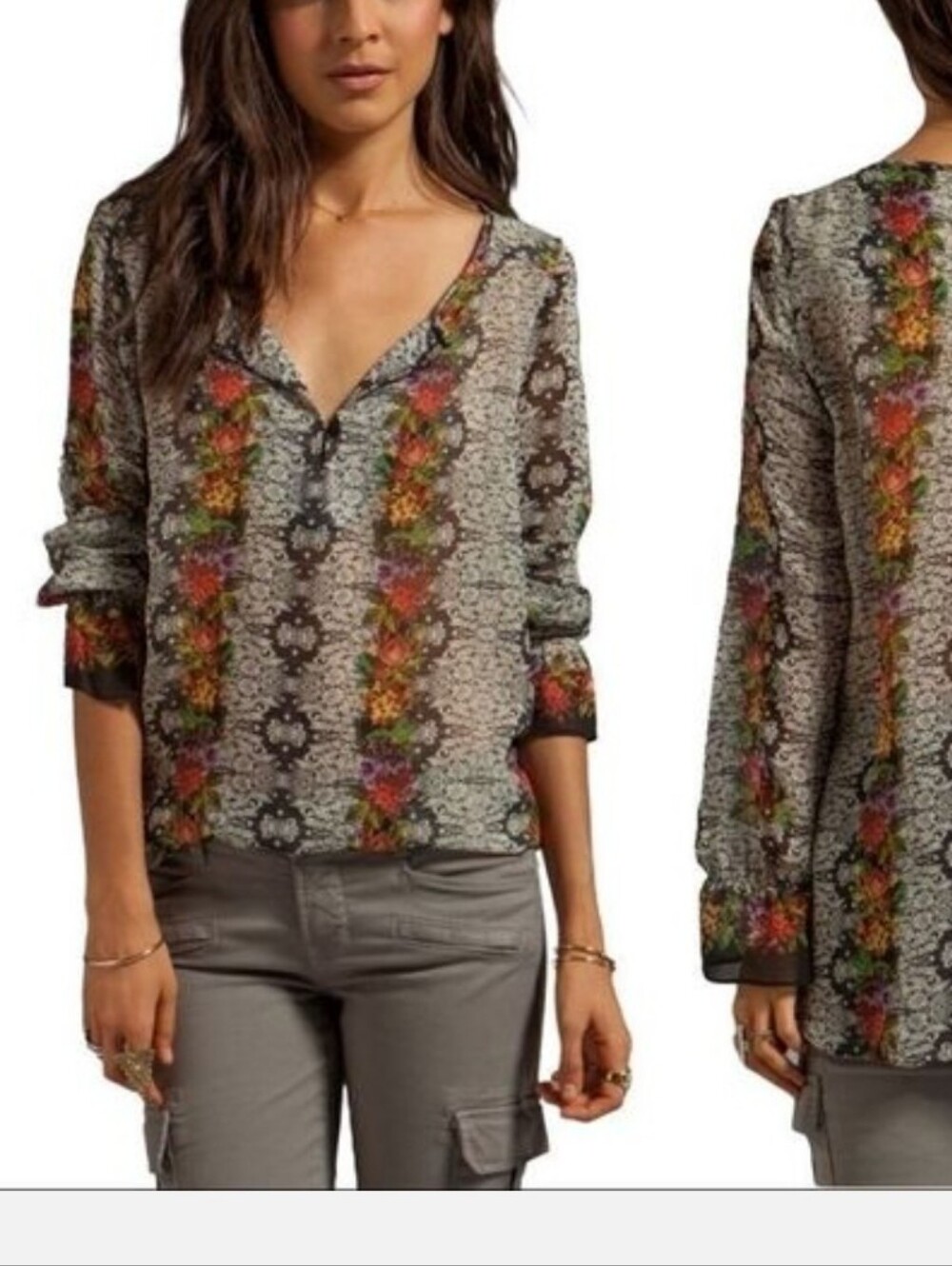 Sanctuary Floral Stripe V-Neck Blouse - Navy, White, Orange, Green, Purple